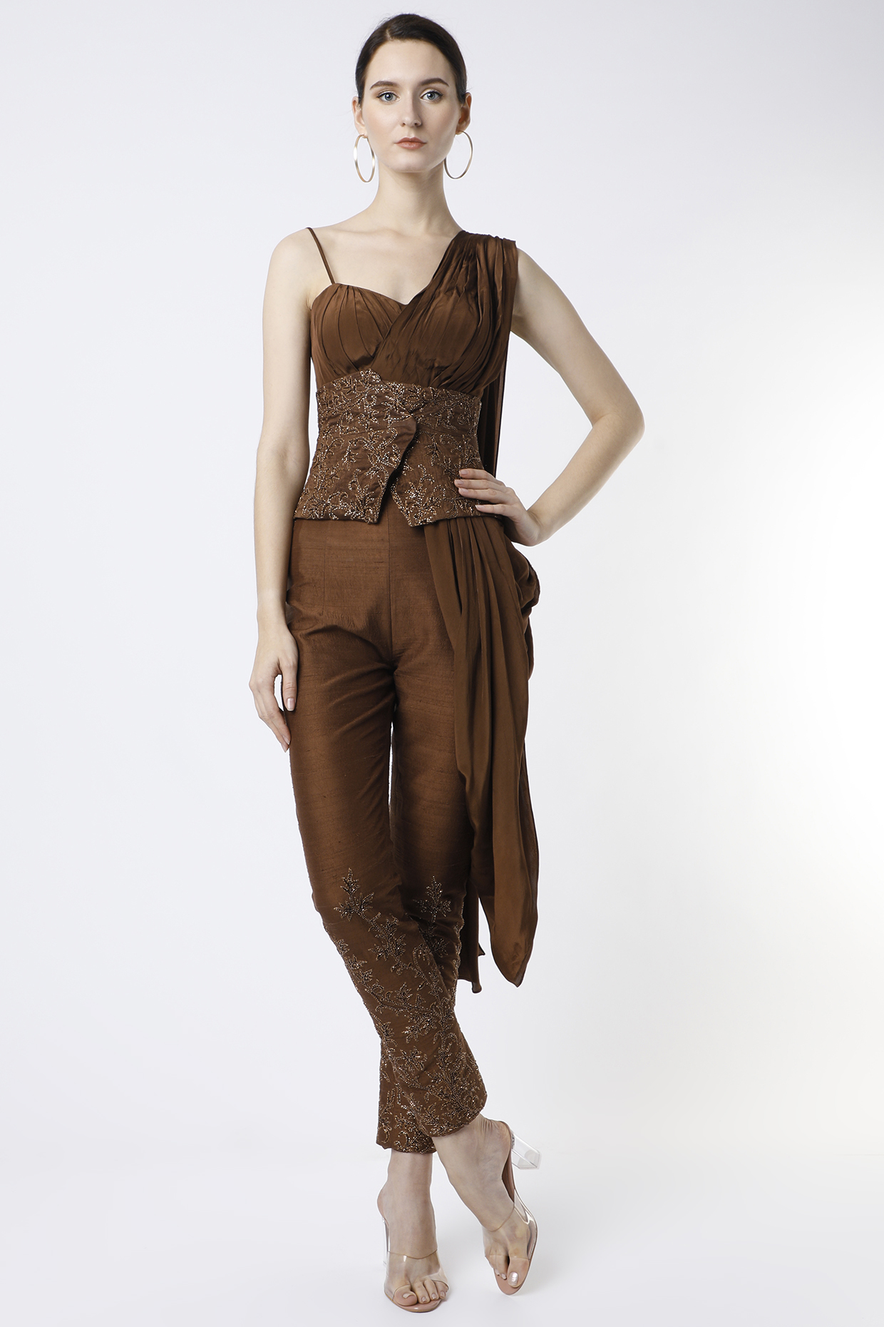Rustic Brown Hand Embroidered Pant Set by World of Asra at Pernia's Pop Up Shop