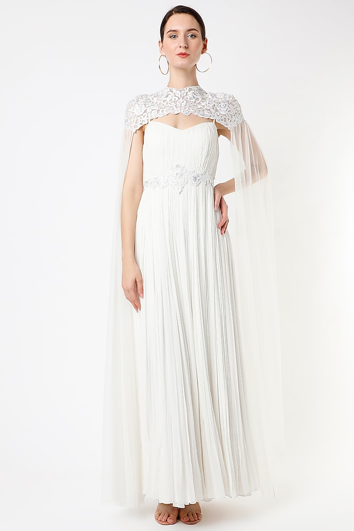 Cloud White Gown With Embroidered Cape by World of Asra
