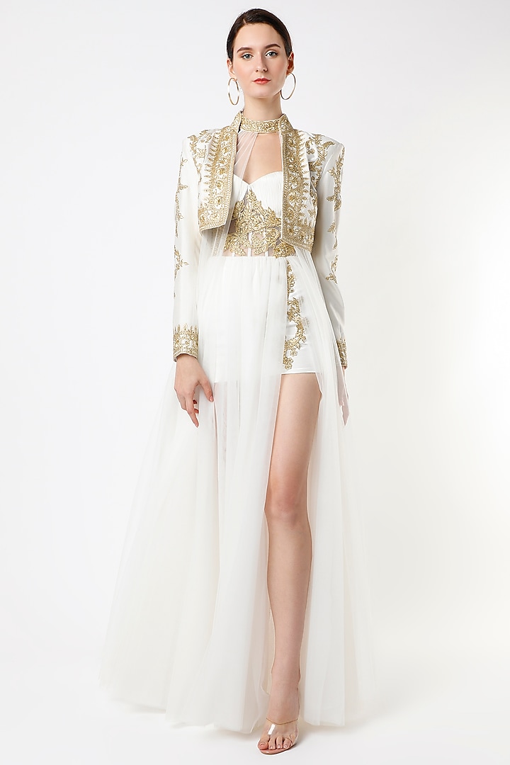 Cloud White Embroidered Gown With Jacket by World of Asra