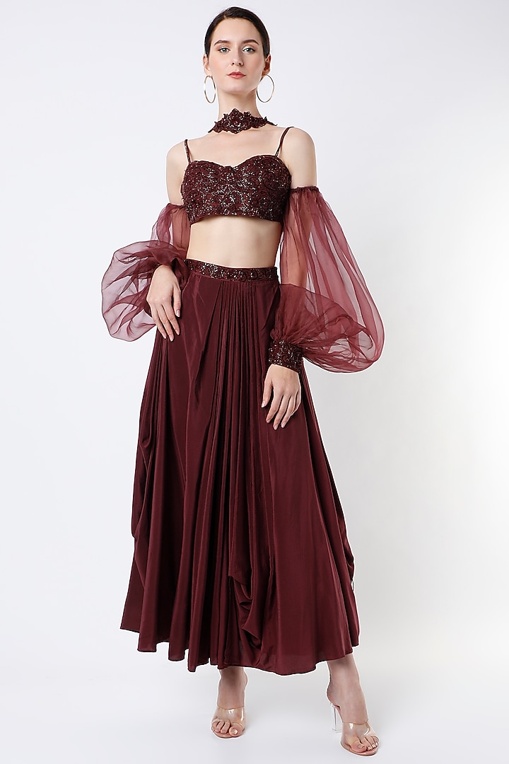 Wine Asymmetrical Skirt Set by World of Asra