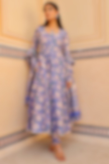 Blue Chanderi Floral Printed Anarkali Set by ASRUMO at Pernia's Pop Up Shop