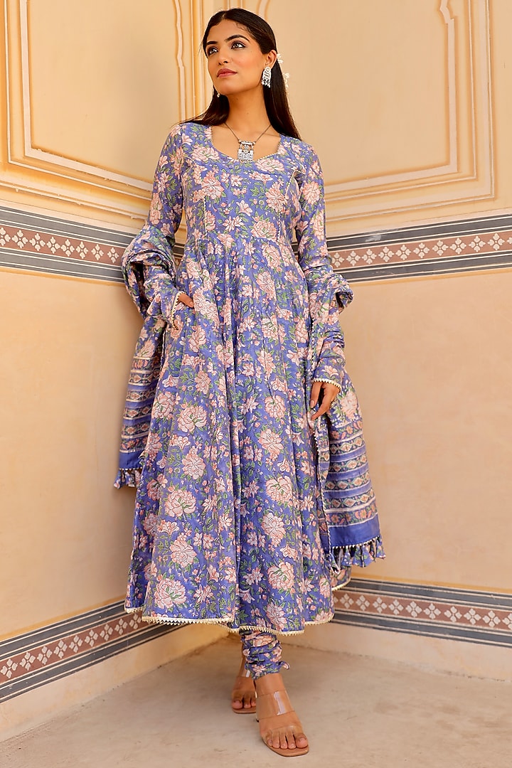 Blue Chanderi Floral Printed Anarkali Set by ASRUMO at Pernia's Pop Up Shop