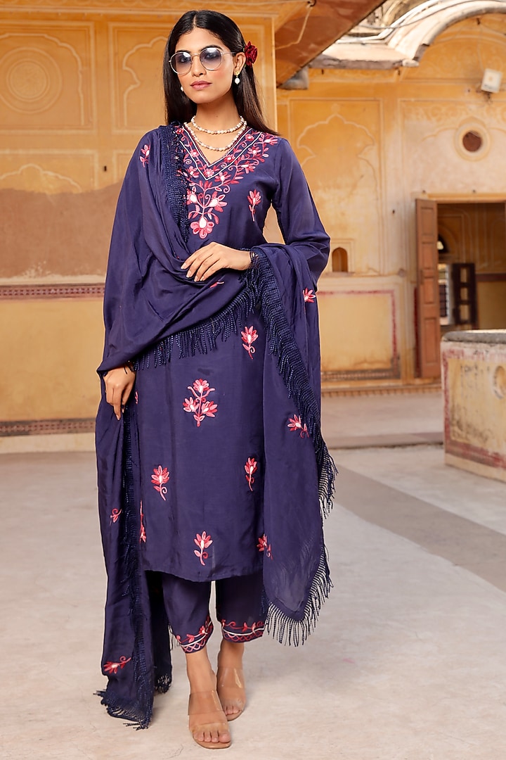 Dark Blue Muslin Aari Embroidered Kurta Set by ASRUMO