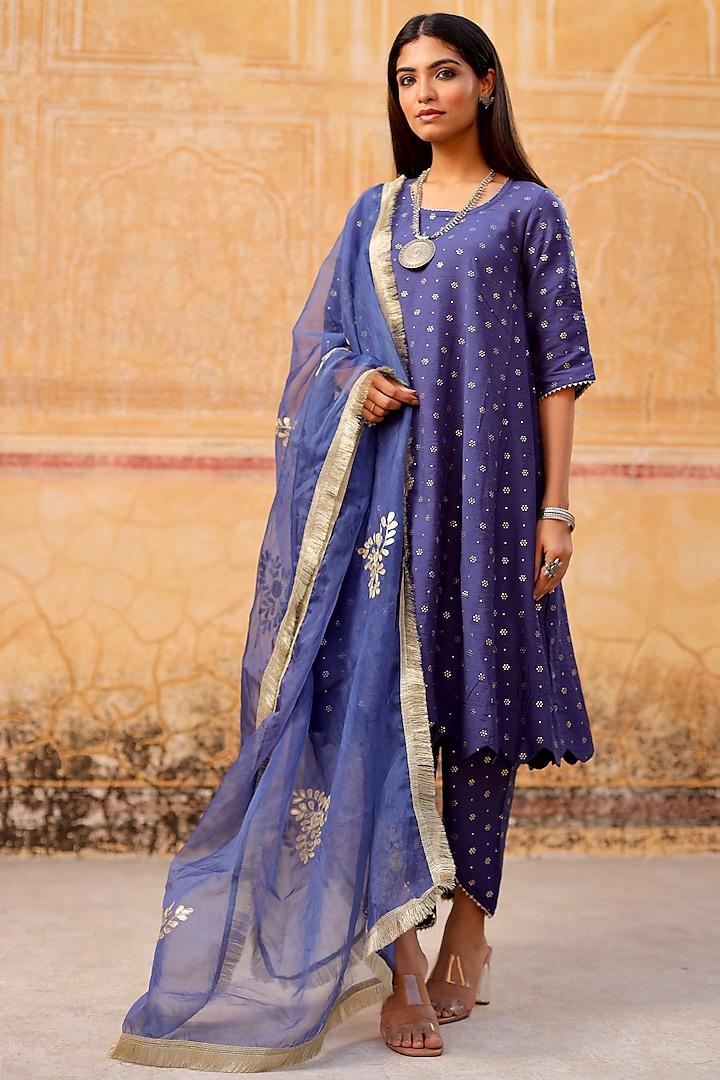 Blue Chanderi Mukaish Embroidered Kurta Set by ASRUMO at Pernia's Pop Up Shop