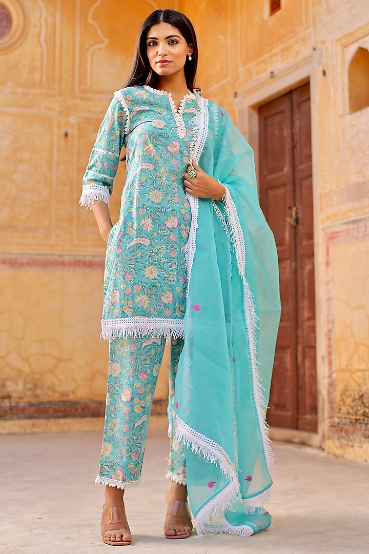 Sky Blue Cotton Floral Hand Block Printed Kurta Set by ASRUMO at Pernia's Pop Up Shop