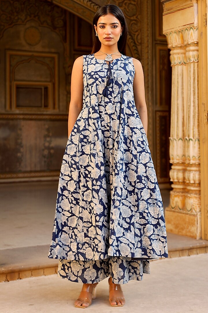 Indigo Cotton Hand Block Printed Anarkali Set by ASRUMO at Pernia's Pop Up Shop