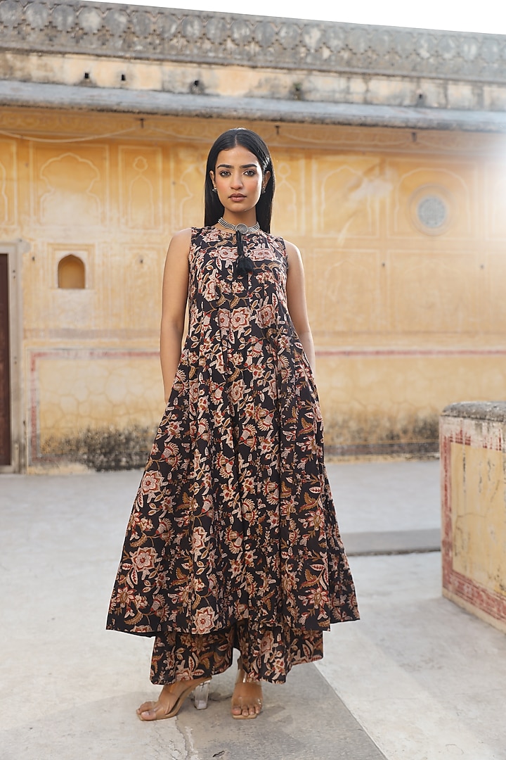 Black Cotton Hand Block Printed Anarkali Set by ASRUMO at Pernia's Pop Up Shop