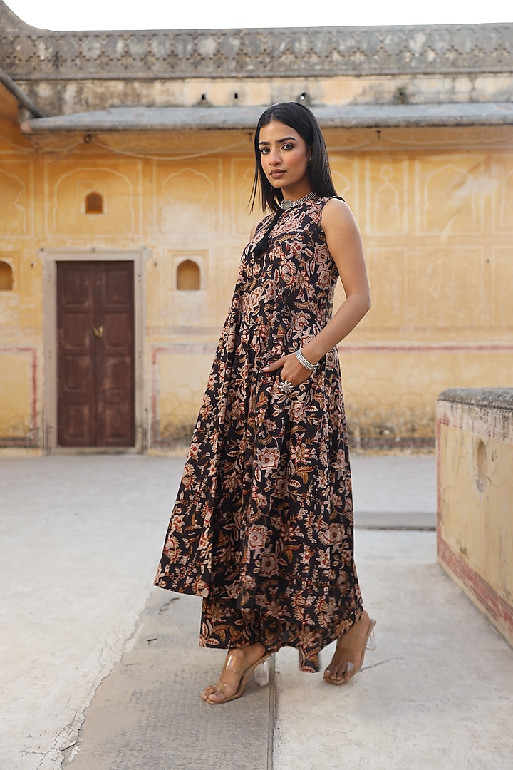 Black Cotton Hand Block Printed Anarkali Set by ASRUMO at Pernia's Pop Up Shop