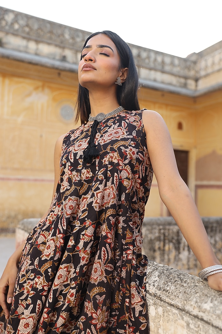Black Cotton Hand Block Printed Anarkali Set by ASRUMO at Pernia's Pop Up Shop