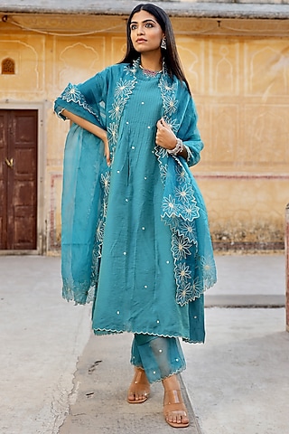 Blue Chanderi Mirror Embroidered A-line Kurta Set by ASRUMO