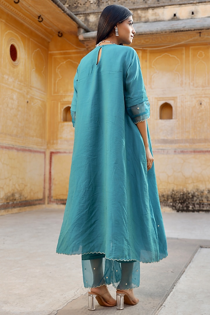 Blue Chanderi Mirror Embroidered A-line Kurta Set by ASRUMO at Pernia's Pop Up Shop