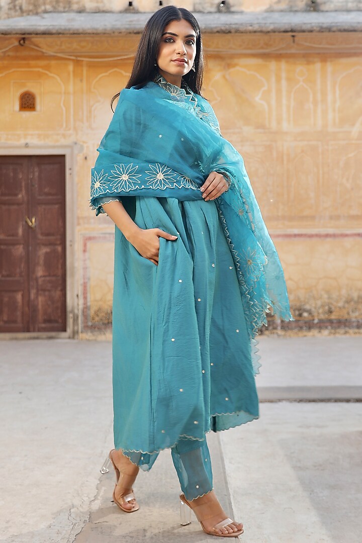 Blue Chanderi Mirror Embroidered A-line Kurta Set by ASRUMO at Pernia's Pop Up Shop
