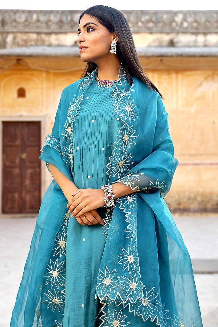 Blue Chanderi Mirror Embroidered A-line Kurta Set by ASRUMO at Pernia's Pop Up Shop