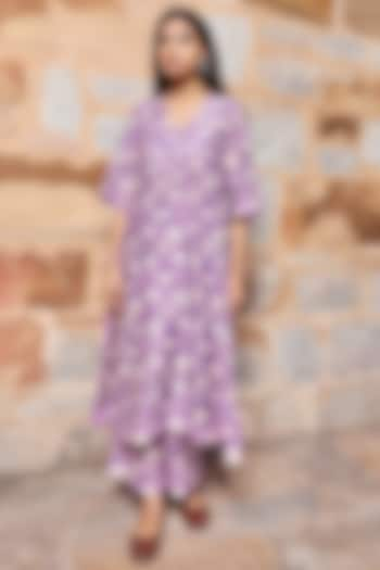 Purple Chanderi Hand Block Floral Printed Kurta Set by ASRUMO