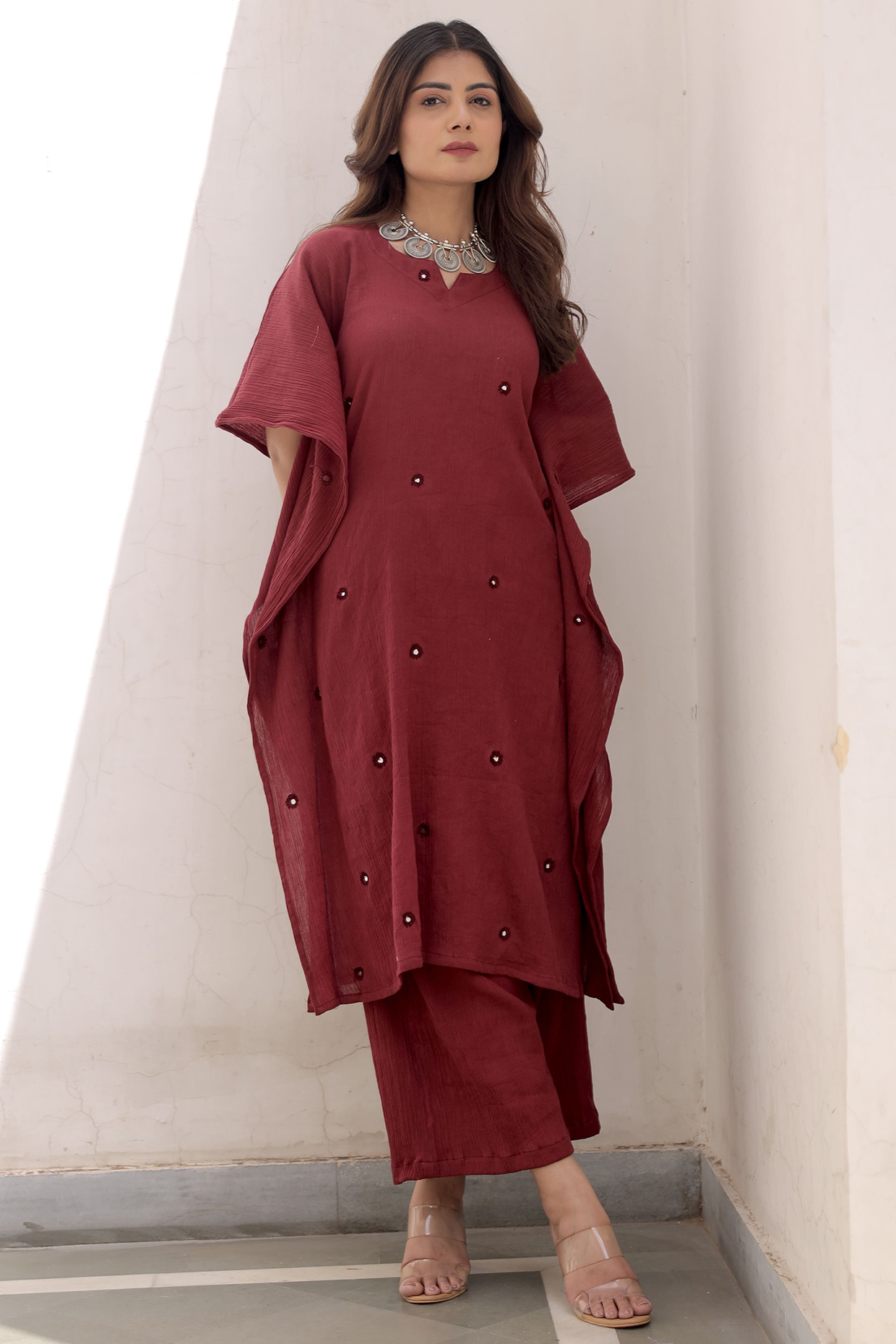 Maroon Cotton Gauze Embroidered Kaftan Set by ASRUMO at Pernia's Pop Up Shop