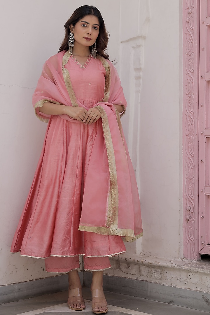 Pink Chanderi Anarkali Set by ASRUMO
