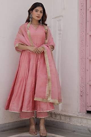 Pink Chanderi Anarkali Set by ASRUMO