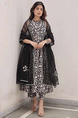 Black Handblock Cotton Anarkali Set by ASRUMO