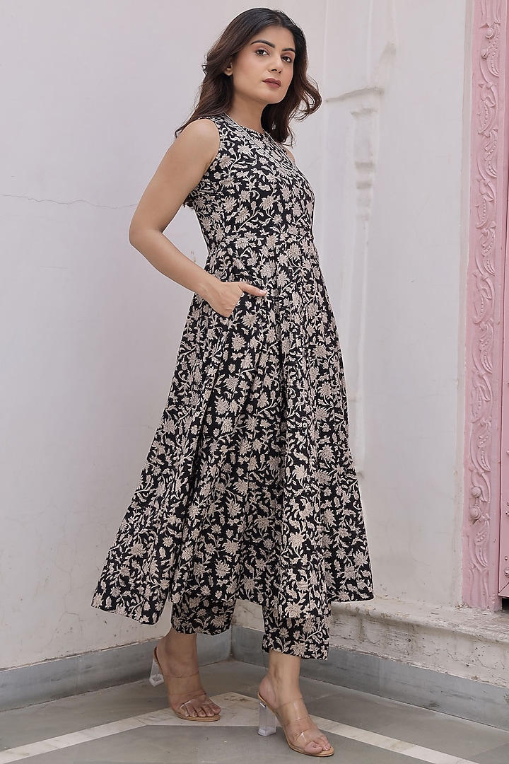 Black Handblock Cotton Anarkali Set by ASRUMO at Pernia's Pop Up Shop