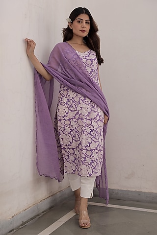 Purple Handblock Cotton Kurta Set by ASRUMO