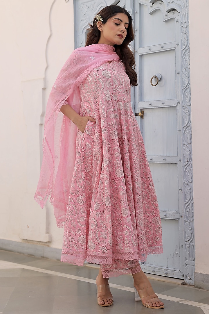 Pink Cotton Printed Anarkali Set by ASRUMO