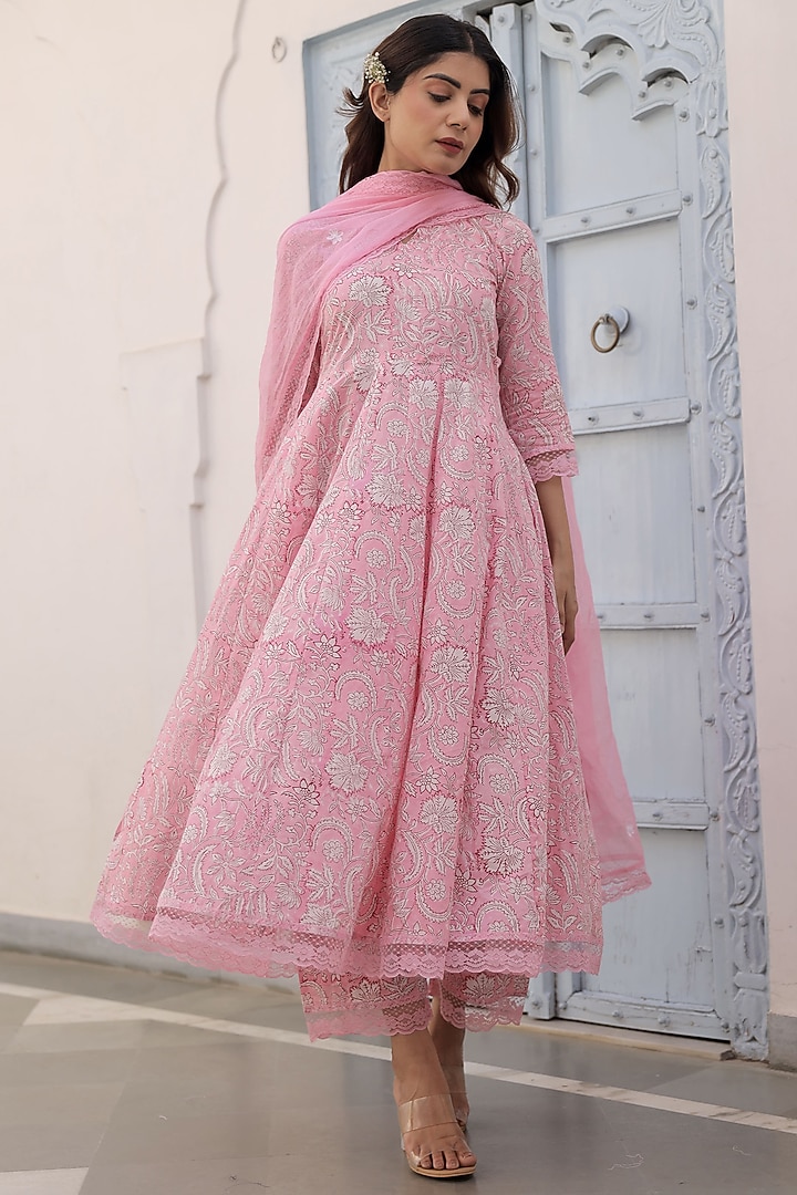 Pink Cotton Printed Anarkali Set by ASRUMO at Pernia's Pop Up Shop