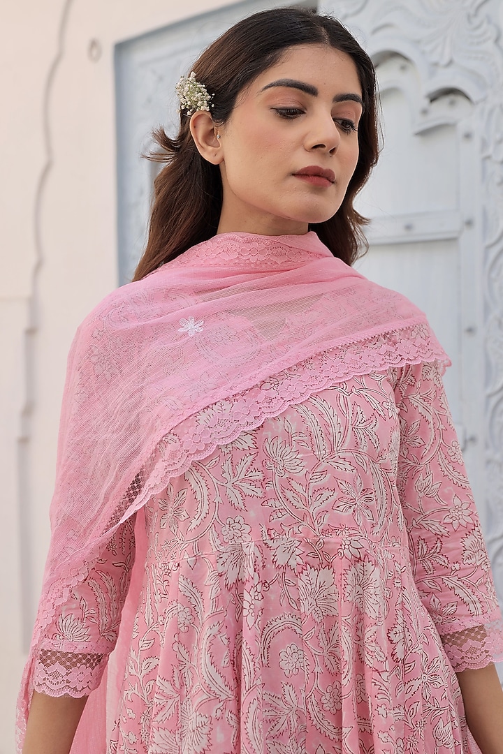 Pink Cotton Printed Anarkali Set by ASRUMO at Pernia's Pop Up Shop