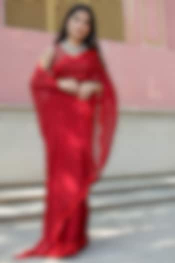 Red Silk Organza Embroidered Handcrafted Party Wear Saree Set by ASRUMO at Pernia's Pop Up Shop