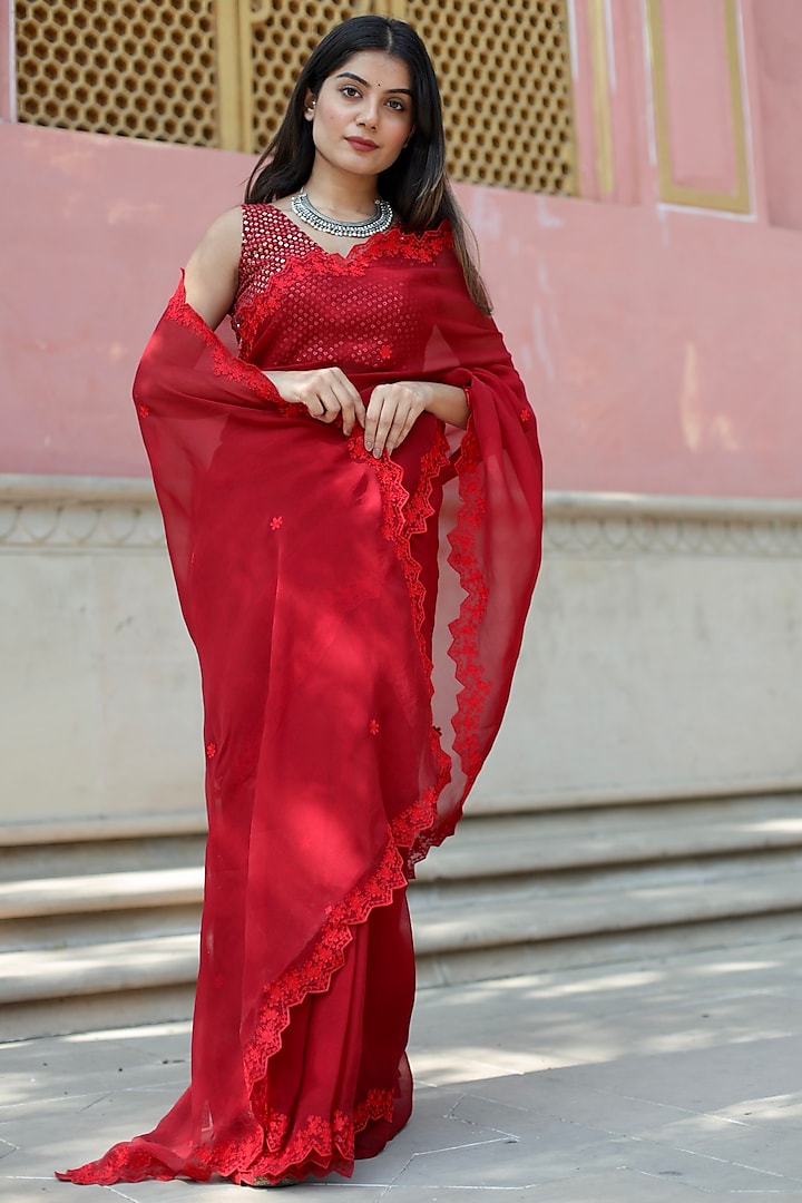 Red Silk Organza Embroidered Handcrafted Party Wear Saree Set by ASRUMO at Pernia's Pop Up Shop