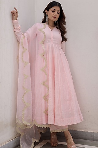 Pink Muslin Hand Dyed Anarkali Set by ASRUMO