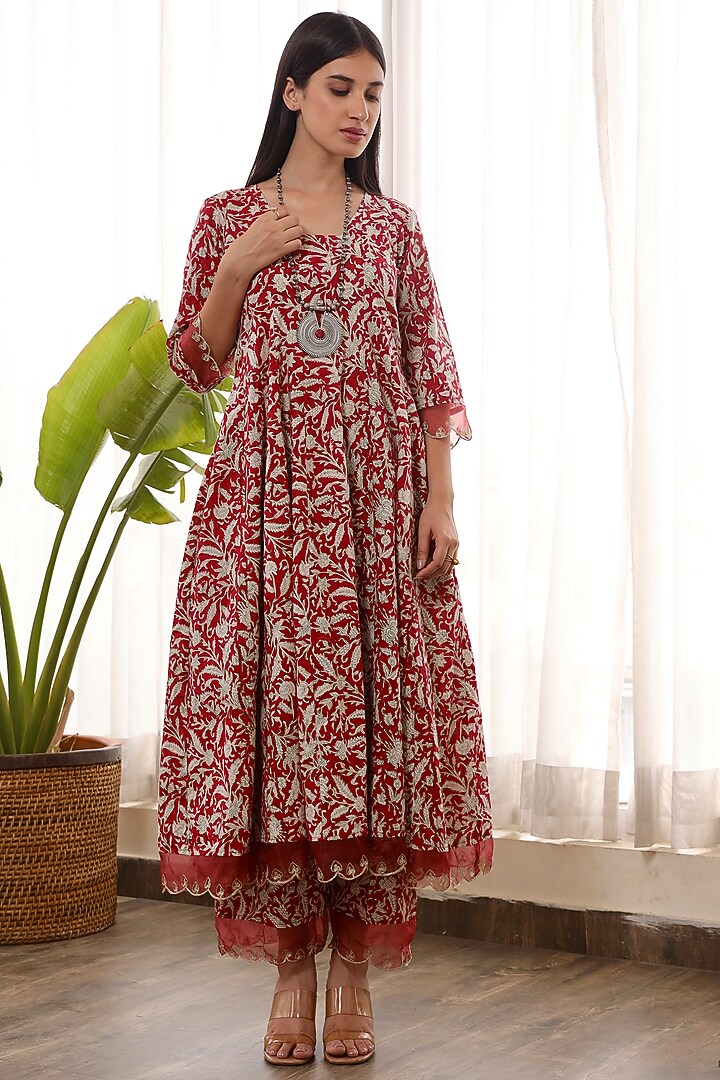 Red Muslin Anarkali Set by ASRUMO at Pernia's Pop Up Shop