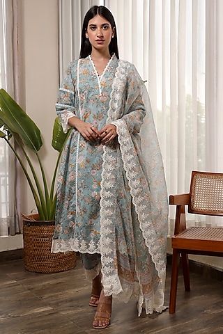 Grey Flower Jaal Handblock Cotton Straight Set by ASRUMO