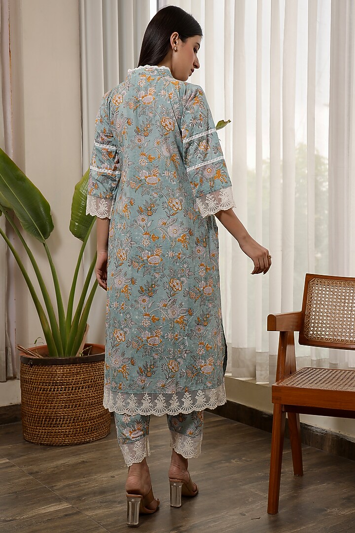 Grey Flower Jaal Handblock Cotton Straight Set by ASRUMO at Pernia's Pop Up Shop