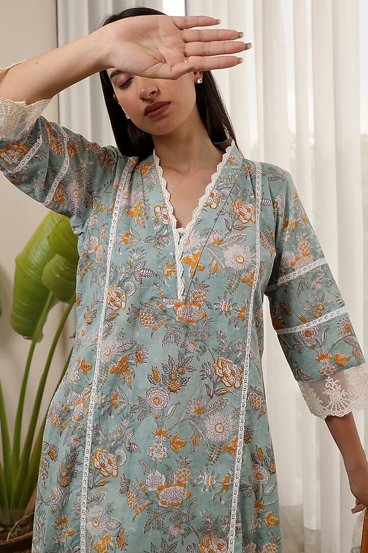 Grey Flower Jaal Handblock Cotton Straight Set by ASRUMO at Pernia's Pop Up Shop