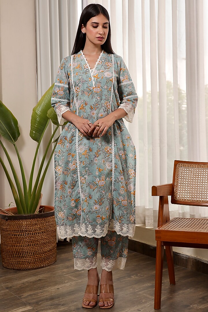 Grey Flower Jaal Handblock Cotton Straight Set by ASRUMO at Pernia's Pop Up Shop