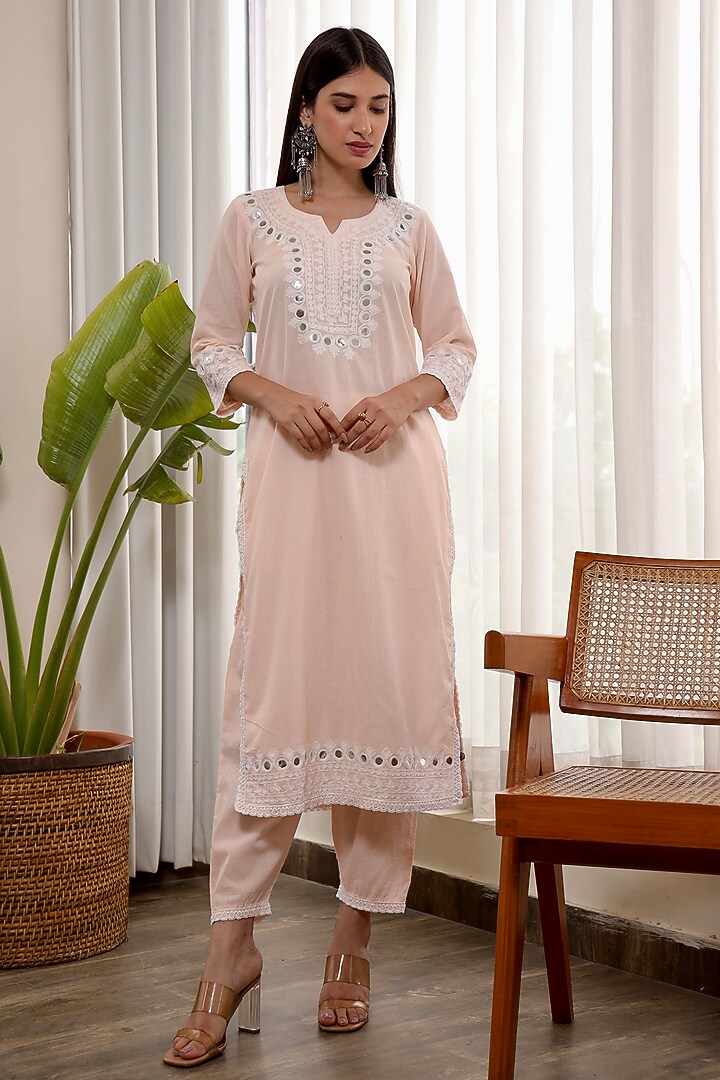 Pink Embroidered Cotton Straight Set by ASRUMO at Pernia's Pop Up Shop