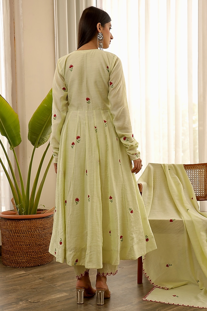 Pista Green Chanderi Embroidered Anarkali Set by ASRUMO at Pernia's Pop Up Shop