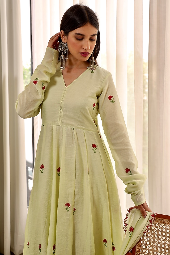 Pista Green Chanderi Embroidered Anarkali Set by ASRUMO at Pernia's Pop Up Shop