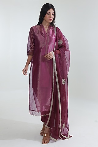 Purple Tissue Straight Kurta Set by ASRUMO