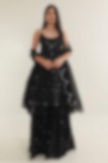 Black Georgette Mirror Embroidered Party Wear Sharara Set by ASRUMO at Pernia's Pop Up Shop