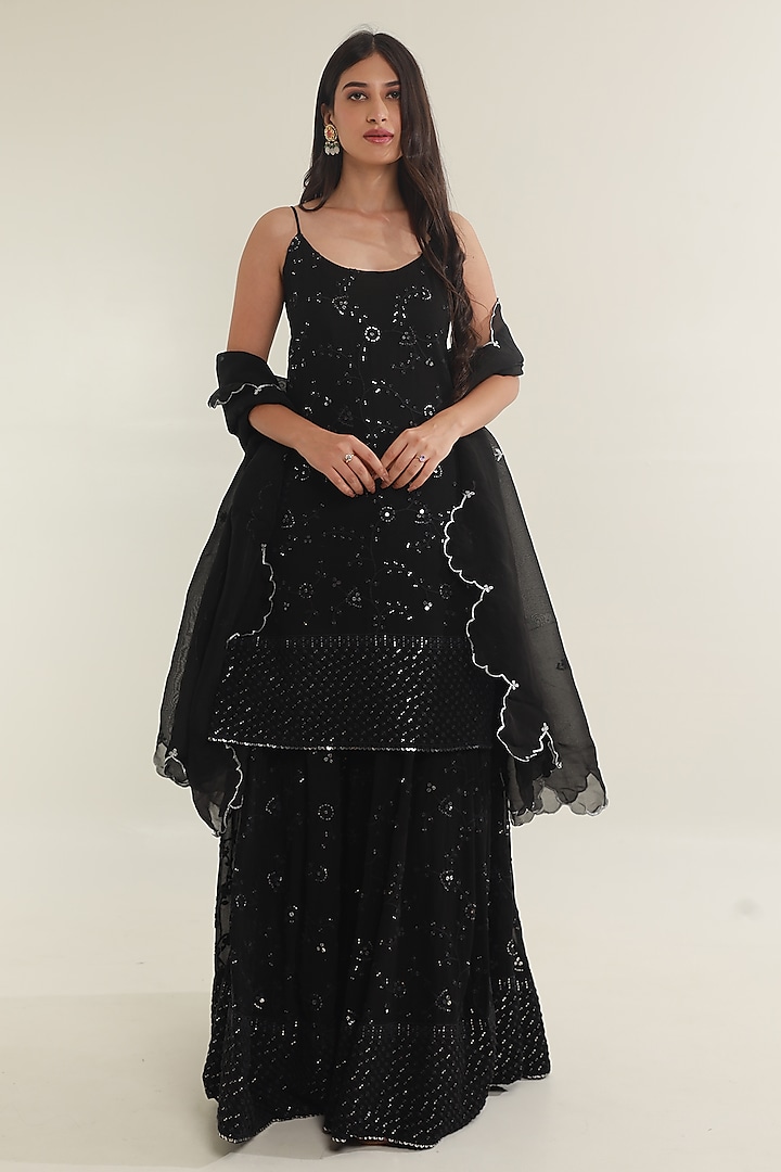 Black Georgette Mirror Embroidered Party Wear Sharara Set by ASRUMO at Pernia's Pop Up Shop
