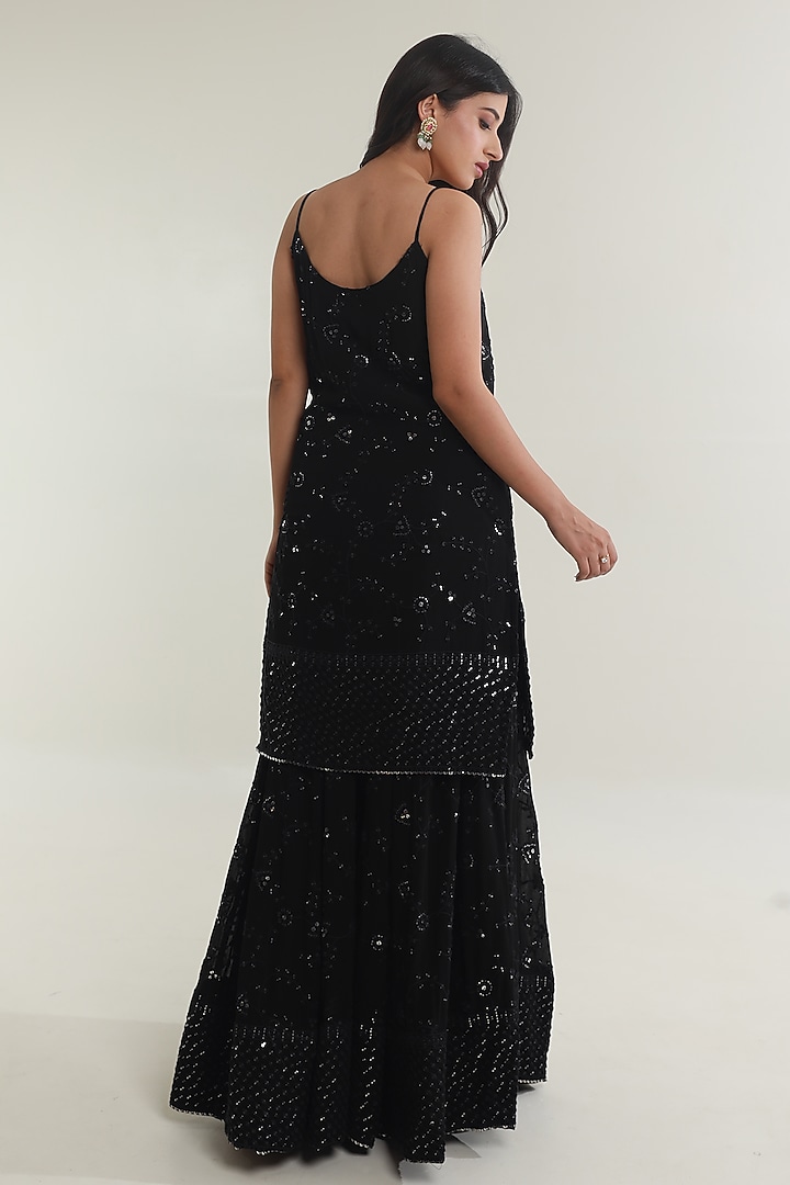 Black Georgette Mirror Embroidered Party Wear Sharara Set by ASRUMO at Pernia's Pop Up Shop