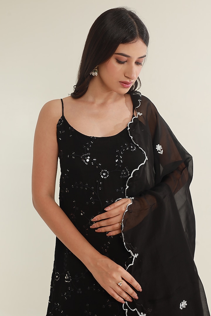 Black Georgette Mirror Embroidered Party Wear Sharara Set by ASRUMO at Pernia's Pop Up Shop