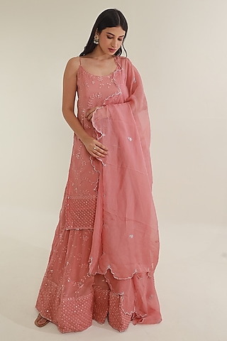 Pink Georgette Mirror Embroidered Sharara Set by ASRUMO