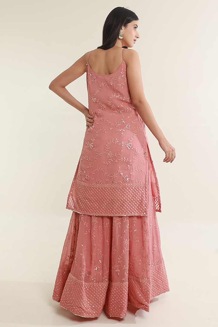 Pink Georgette Mirror Embroidered Party Wear Sharara Set by ASRUMO at Pernia's Pop Up Shop