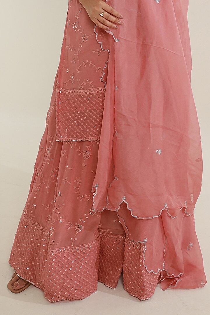 Pink Georgette Mirror Embroidered Party Wear Sharara Set by ASRUMO at Pernia's Pop Up Shop