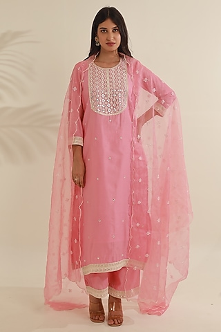 Pink Chanderi Mirror Embroidered Straight Kurta Set by ASRUMO