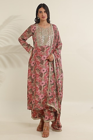 Pink Viscose Chinon Digital Printed Kurta Set by ASRUMO