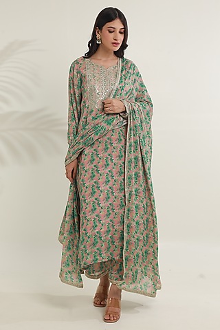Green Viscose Chinon Digital Printed Kurta Set by ASRUMO