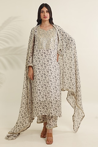 White Viscose Chinon Digital Printed Kurta Set by ASRUMO